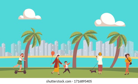 Different People Walking Together In Park On The River Bank, On The Modern City Backround, Outdoor, Vector Illustration. People Gathering City Urban Park And Relaxing. Community And Lifestyle Concept