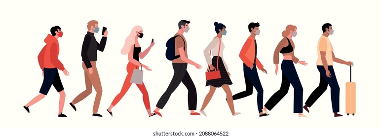 Different People Walking Wearing Face Masks. Illustration vector of women and men in motion wearing face masks. Isolated easy to edit