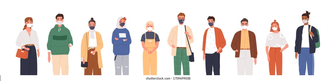 Different people wearing face masks isolated on white background. Man and women in respirators. Protection from coronavirus outbreak, pandemic prevention. Vector illustration in flat cartoon style