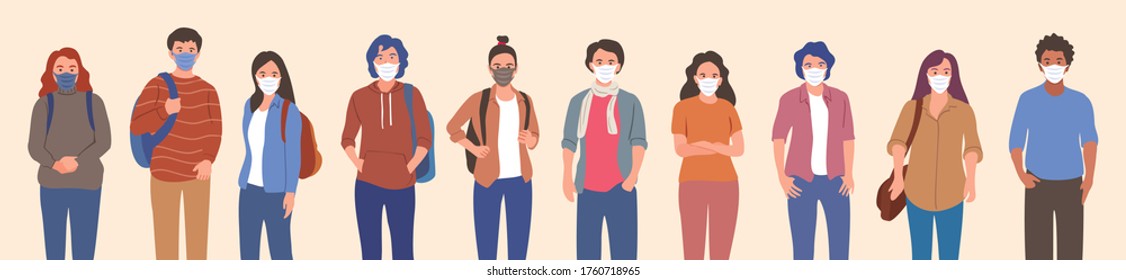 Different people wearing face masks. Man and women in respirators. 
Protection from coronavirus outbreak, pandemic prevention. 
Vector illustration in flat cartoon style