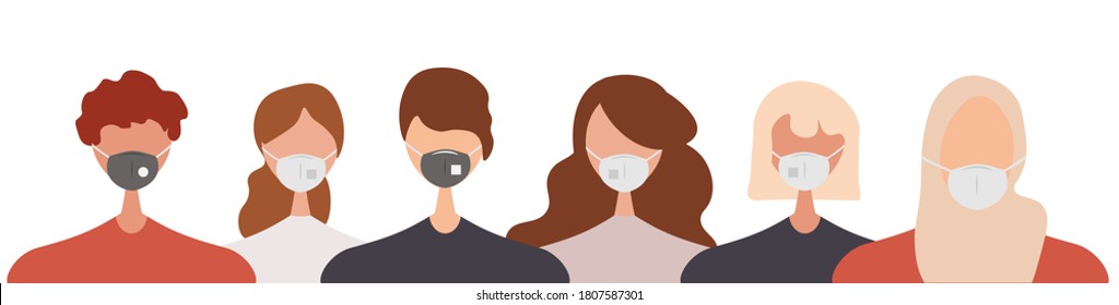 Different people wearing face masks isolated on white background. Man and women in respirators. Protection from coronavirus outbreak, pandemic prevention. Vector illustration in flat cartoon style