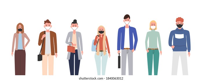 Different people wearing face masks isolated on white background. Man and women in respirators. Protection from coronavirus outbreak, pandemic prevention. Vector illustration in flat cartoon style.