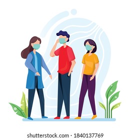 Different people wearing face masks isolated on white background. Man and women in respirators. Protection from coronavirus outbreak,pandemic. flat style design isolated on white background prevention