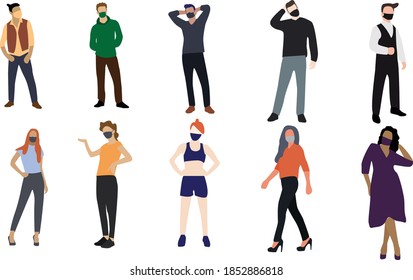 Different people wearing face masks isolated on white background. Man and women protection from coronavirus outbreak, pandemic prevention. Vector illustration in flat design cartoon