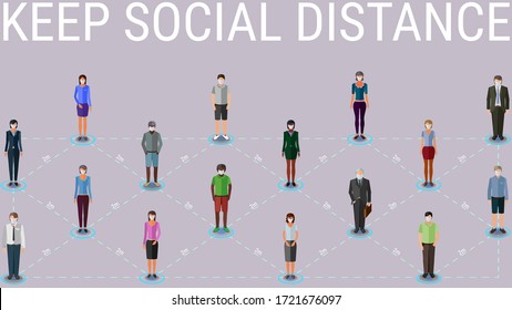 different people wearing protective medical masks standing on a proper distance to each other, epidemic theme conceptual illustration