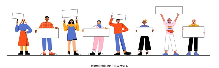 Different people with white banners and placards. Vector flat illustration of multiracial and multicultural group of characters with blank posters. African american, arab girls and men, lgbt person