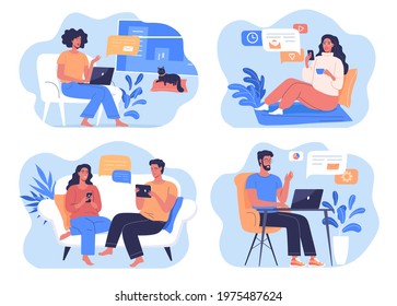 Different people work remote at their  homes vector illustration