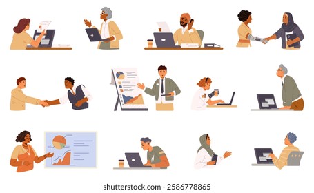 Different people working in the office flat vector illustrations set isolated on white. Men and women of different age, ethnicity, with disabilities at work.