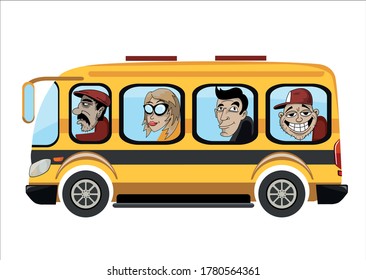 Different people in a yellow city bus over white background.