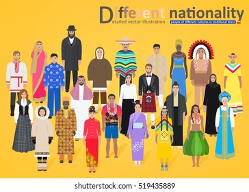 Different peoples of the world in national costumes on yellow background, vector illustration