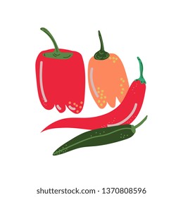 Different Pepper Varieties Fresh Vegetable, Hot and Sweet Bulgarian Bell Peppers, Organic Nutritious Vegetarian Food for Healthy Diet Vector Illustration