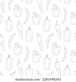 Different peppers pattern line art. Fresh vegetables in cartoon style. Seamless pattern isolated on white background. Hand drawn doodle vector illustration.
