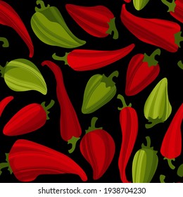 Different peppers pattern, seamless vector repeat. Red and green chili, jalapeno and other types hot peppers. Hand drawn style vector background for print design or kitchen textile.