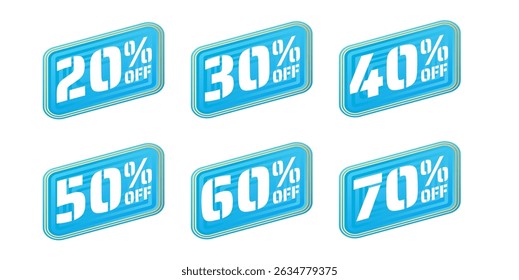 Diferente por cento desconto adesivo azul e conjunto de etiqueta de preço, vender até 20, 30, 40, 50, 60, 70 por cento, ilustração vetor isolado	