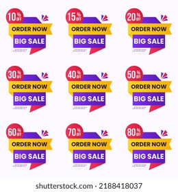 different percent discount offer banner and price tag set, up to 10,15,20,40,50,60,70,75,80 percent off label
