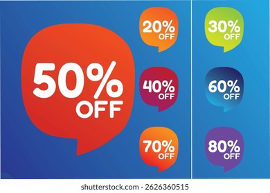 Etiqueta de desconto percentual diferente. pacote de preços de 20% a 80%. Fundo azul e texto branco. promova comprar agora com venda até 20%, 30%, 40%, 50%, 60%, 70%, 80% tag de ilustração vetorial.
