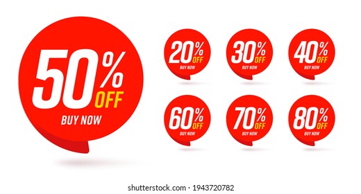 Different percent discount sticker discount price tag set. Red round speech bubble shape promote buy now with sell off up to 20, 30, 40, 50, 60, 70, 80 percentage vector illustration isolated on white