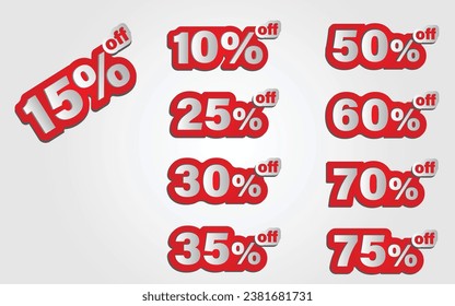 Different percent discount sticker discount price tag set. Red round speech bubble shape promote buy now with sell off up to 10, 15, 25, 30, 35, 50, 60, 70, 75 percentage vector illustration isolated 