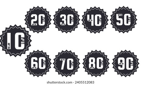 Different percent discount sticker discount price tag set. with off up to 10, 20, 30, 40, 50, 60, 70, 80, 90 percentage vector illustration isolated on white