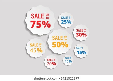 Different percent discount sticker discount price tag set. Red round speech bubble shape promote buy now with sell off up to 20, 30, 40, 50, 60, 70, 80 percentage vector illustration isolated on white