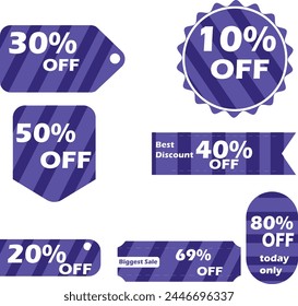 Different percent discount sticker discount price tag set. Blue  speech bubble shapes  selling discount off up to 10, 20, 30, 50, 69, 70, 80 percentage vector illustration isolated on white.