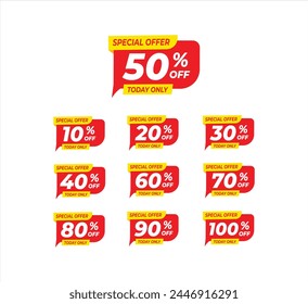 Different percent discount sticker discount price tag set. Promote special offer with sell off up to 10, 20, 30, 40, 50, 60, 70, 80, 90, 100 percentage vector illustration isolated on white.