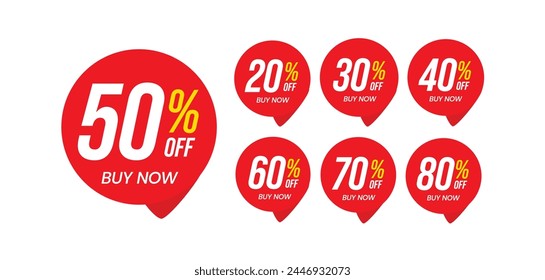 Different percent discount sticker discount price tag set. Red round speech bubble shape promote buy now with sell off up to 20, 30, 40, 50, 60, 70, 80 percentage vector illustration isolated on white