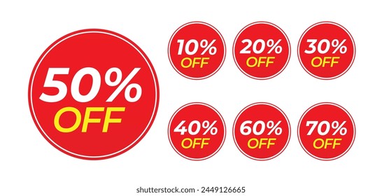 Different percent discount sticker discount price tag set. Red round shape with sell off up to 10, 20, 30, 40, 50, 60, 70 percentage vector illustration isolated on white.