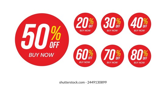 Different percent discount sticker discount price tag set. Red round shape promote buy now with sell off up to 20, 30, 40, 50, 60, 70, 80 percent vector illustration isolated on white.