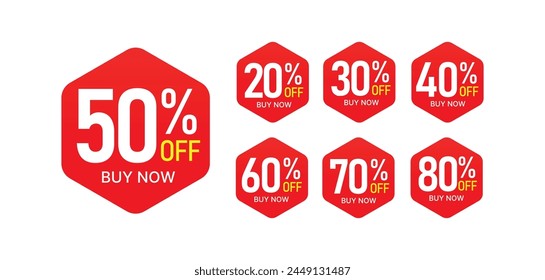 Different percent discount sticker discount price tag set. Red shape promote buy now with sell off up to 20, 30, 40, 50, 60, 70, 80 percentage vector illustration isolated on white.