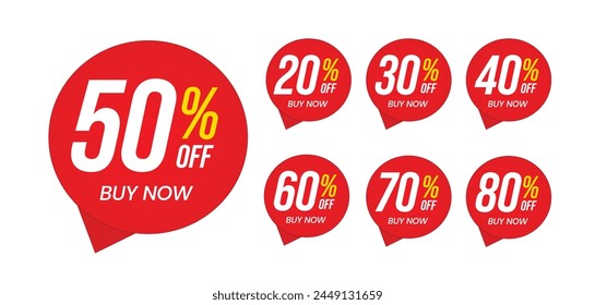 Different percent discount sticker discount price tag set. Red round speech bubble shape promote buy now with sell off up to 20, 30, 40, 50, 60, 70, 80 percentage. Sign for advertising campaign.