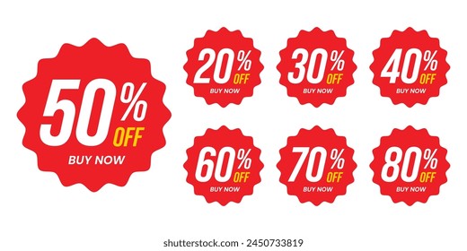 Different percent discount sticker discount price tag set. Red round speech bubble shape promote buy now with sell off up to 20, 30, 40, 50, 60, 70, 80 percentage vector illustration isolated on white