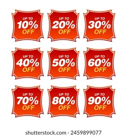 Different percent discount sticker discount price tag set. White round speech bubble shape promote buy now with sell off up to 20, 30, 40, 50, 60, 70, 80 percentage vector illustration on Black