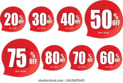 Different percent discount sticker discount price tag set.up to 20, 30, 40, 50, 60, 70 , 75, 80 percentage vector illustration , 