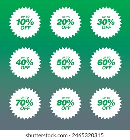 Different percent discount sticker discount price tag set. White round speech bubble shape promote buy now with sell off up to 20, 30, 40, 50, 60, 70, 80 percentage vector illustration