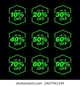 Different percent discount sticker discount price tag set. Green round speech bubble shape promote buy now with sell off up to 20, 30, 40, 50, 60, 70, 80 percentage vector illustration