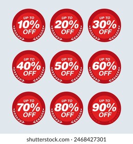 Different percent discount sticker discount price tag set. Red round speech bubble shape promote buy now with sell off up to 20, 30, 40, 50, 60, 70, 80 percentage vector illustration isolated on white