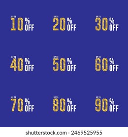 Different percent discount sticker discount price tag set. Promote buy now with sell off up to 20, 30, 40, 50, 60, 70, 80 percentage vector illustration isolated on blue background