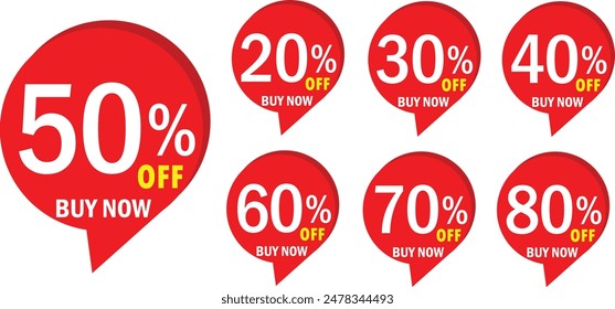 Different Percent discount sticker discount price tag set. Red round speech bubble shape promote by now with sell up to 20, 30, 40, 50, 60, 70, 80 Percentage isolated on white background. 