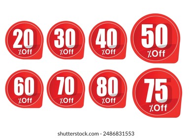 Different percent discount sticker discount price tag set.up to 20, 30, 40, 50, 60, 70 , 75, 80 percentage vector illustration ,
