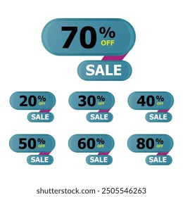 Different percent discount sticker discount price tag set. Pink badges promote buy discount sell off up to 20, 30, 40, 50, 60, 70, 80 percentage vector illustration isolated on white background.