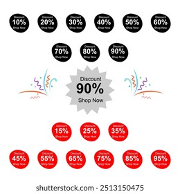 Different percent discount sticker discount price tag set. Red and black speech bubble shape promote buy now with sell off up to 20, 30, 40, 50, 60, 70, 80 percentage vector illustration