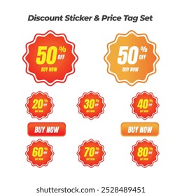 Different percent discount sticker discount price tag set. red shape promote buy now with sell off up to 20, 30, 40, 50, 60, 70, 80 percentage vector illustration isolated on white