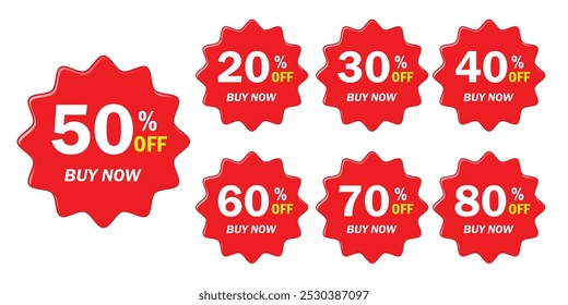 Different percent discount sticker discount price tag set. Red speech bubble shape promote by now with sell off up 20, 30, 40, 50, 60, 70, 80 percentage isolated on white background. EPS 10