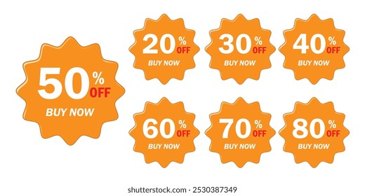 Different percent discount sticker discount price tag set. Yellow speech bubble shape promote by now with sell off up 20, 30, 40, 50, 60, 70, 80 percentage isolated on white background. EPS 10