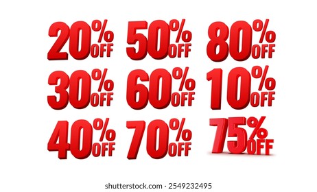 Different percent discount sticker discount price tag set. red shape promote buy now with sell off up to 10, 20, 30, 40, 50, 60, 70, 75, 80 percentage vector illustration isolated on white background