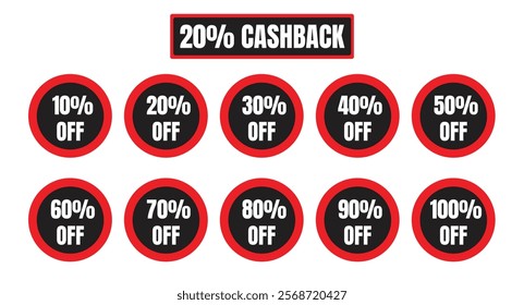 Different percent discount sticker discount price tag set. red shape promotes buy now with sell off up to 10%, 20%, 30%, 40%, 50%, 60%, 70%, 80%, 90% percentage vector illustration is isolated.