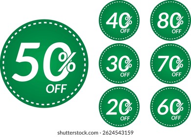 Preço de etiqueta de desconto percentual diferente definido. O texto verde redondo e branco promove. compre agora com venda até 20%, 30%, 40%, 50%, 60%, 70%, 80% por cento ilustração vetorial. cartão de pôster banner. 