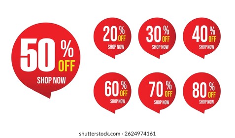 Diferente por cento etiqueta de preço de desconto etiqueta de desconto etiqueta de desconto. Etiquetas de desconto 20% 30% 40% 50% 60% 70% a 80% OFF Etiquetas de venda para promoções Ilustração de marketing isolada no branco