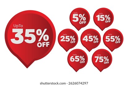 Different Percent Discount Sticker Discount Price Tag Set. Up To 5, 15, 25, 35, 45, 55, 65, 75  Percentage Vector , Red Discount Badges Up to 75% Off Sale Tags for Promotions
